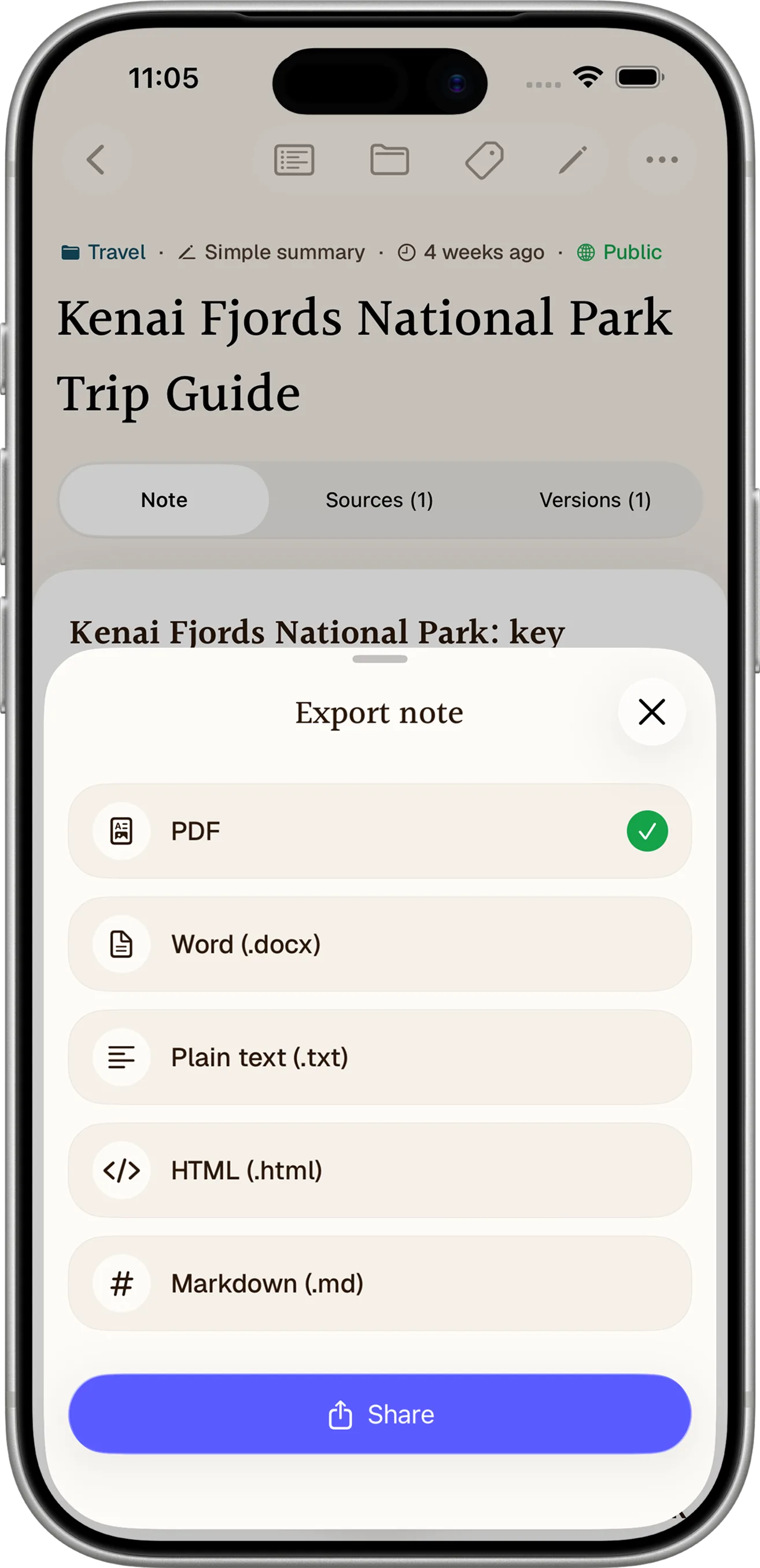 Notewarp-muistiinpanojen vientiasetukset iPhonessa