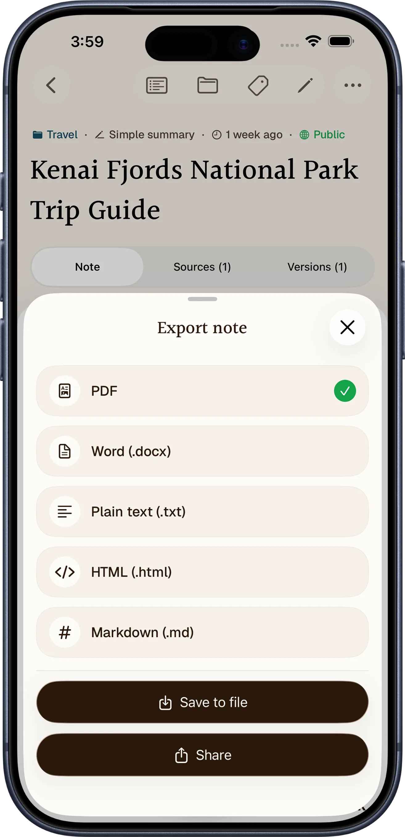 Notewarp note export options on iPhone