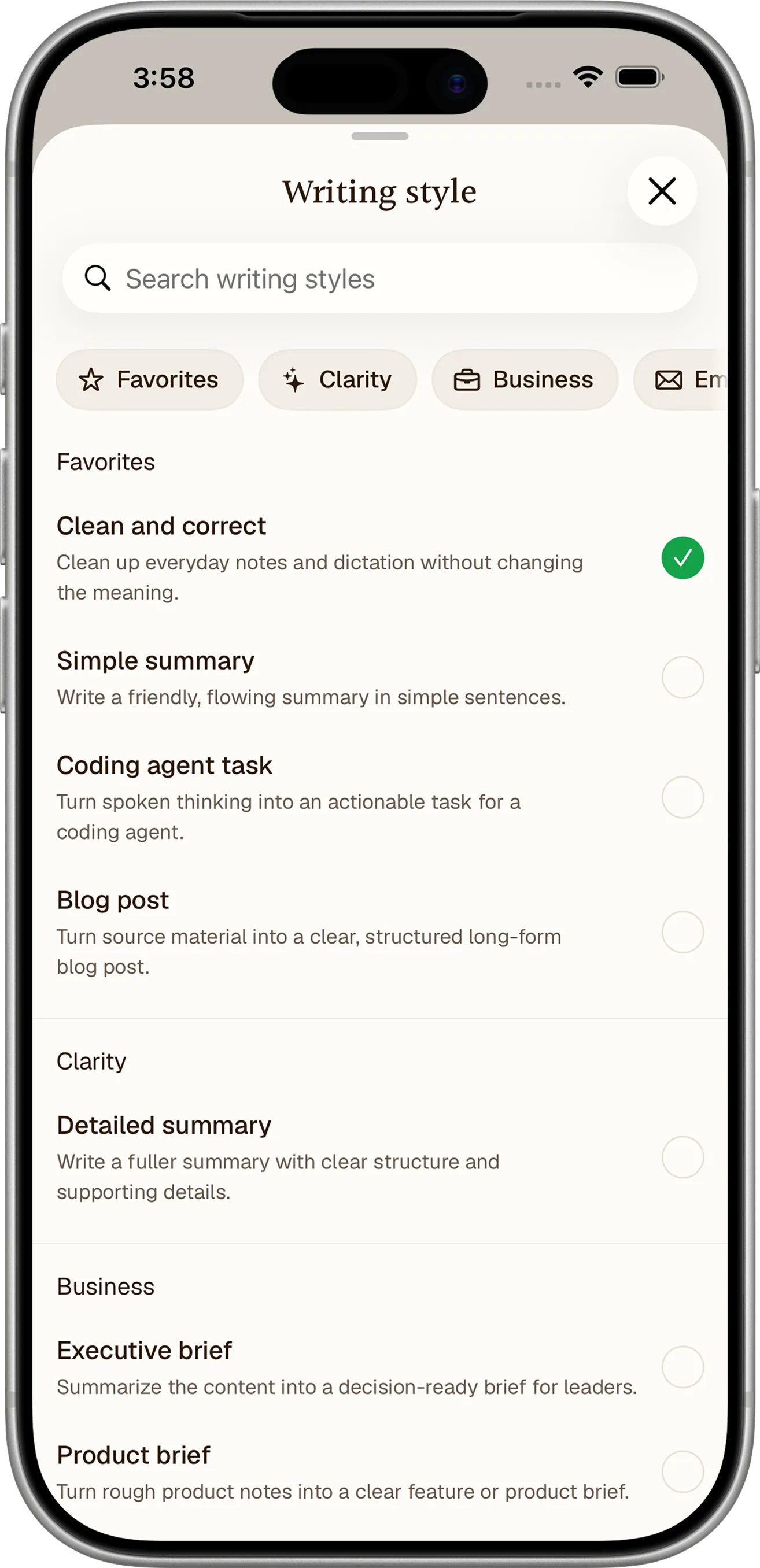 Notewarp writing style picker on iPhone